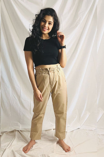 Paperbag Waist Coloured Denim- Beige