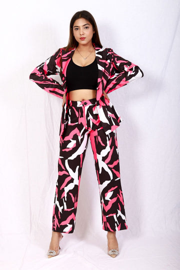 Neon Pink Abstract Blazer and Pant Set